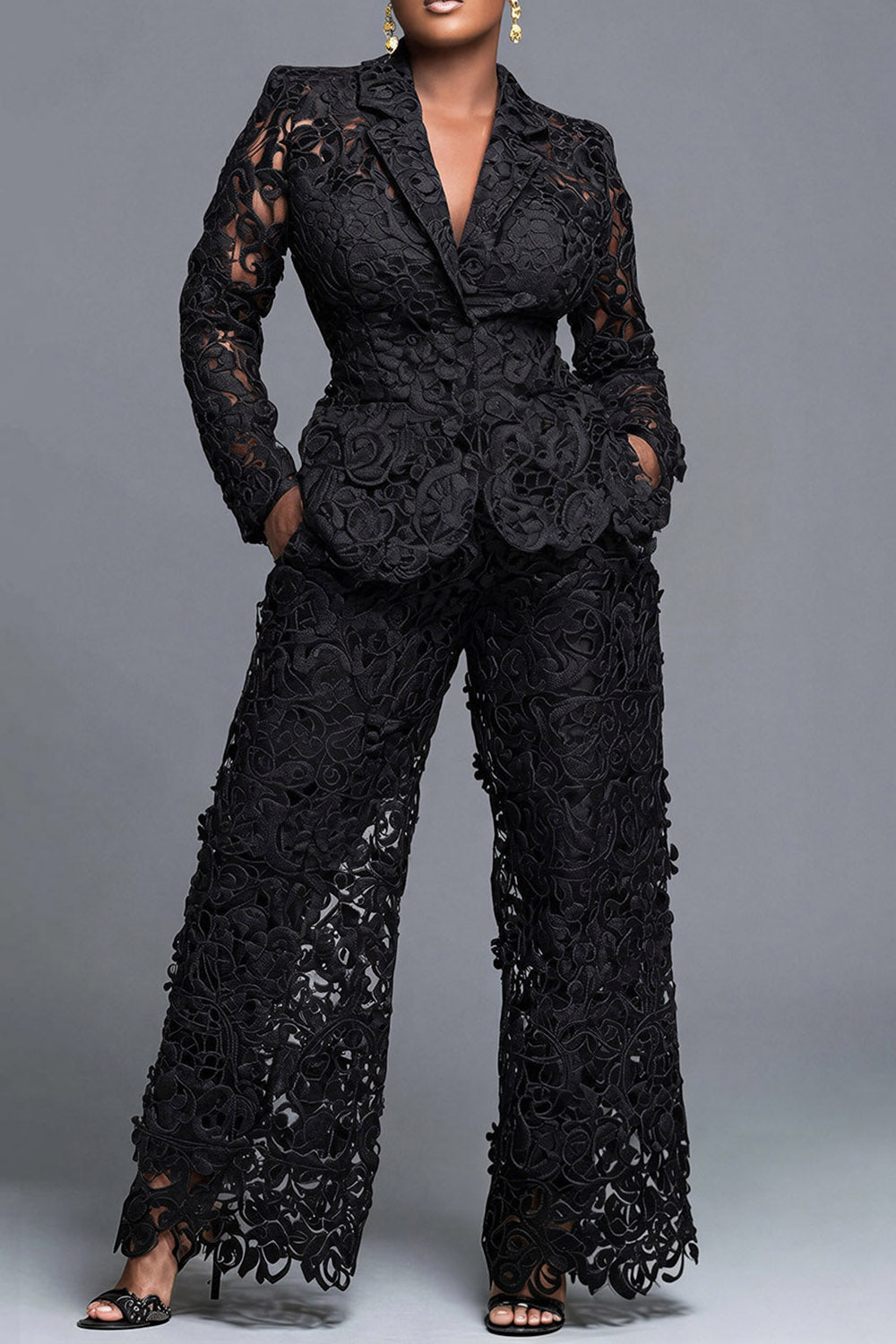 Black Lapel Collar Long Sleeve Cut Out Pocket Guipure Lace Two Piece Pant Suits
