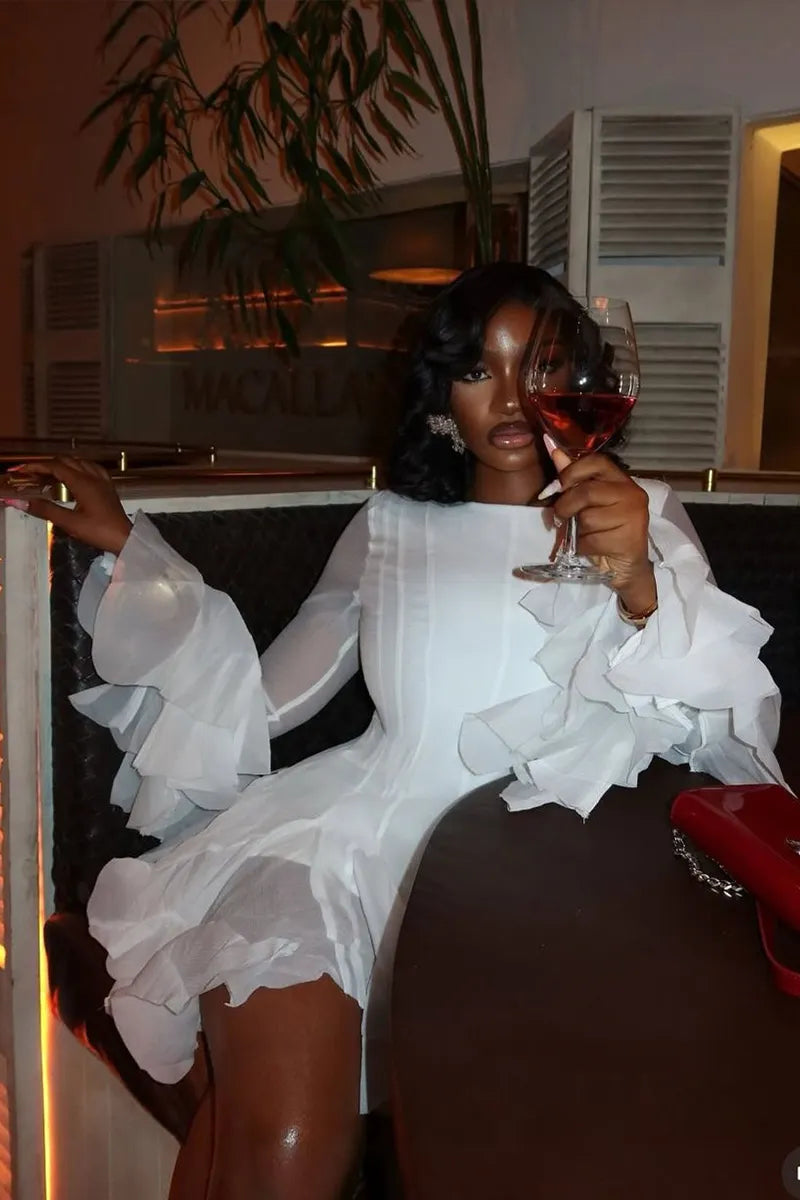 Women Round Neck Sheer Flare Long Sleeve Ruffle Hem White Mini Dress