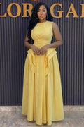 Round Neck Sleeveless Ruffle A-Line Gowns Maxi Dresses-Yellow