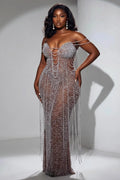 Off Shoulder Rhinestone See Through Slim Fit Maxi Dresses-Silver [Pre Order]