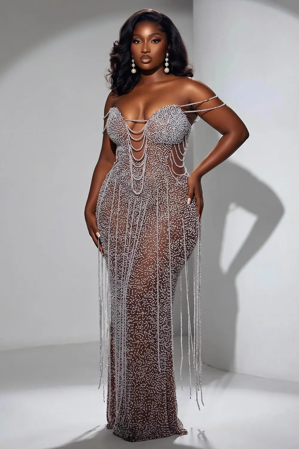 Off Shoulder Rhinestone See Through Slim Fit Maxi Dresses-Silver [Pre Order]