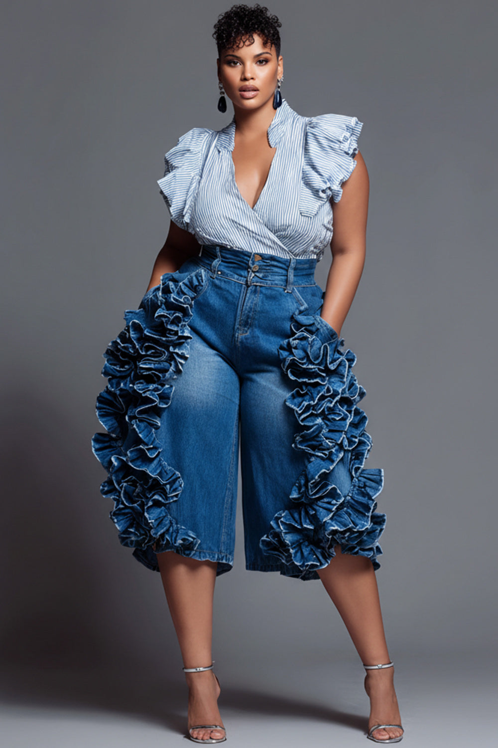 Xpluswear Design Plus Size Party Blue Ruffle Pocket Denim Jeans