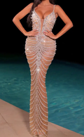 Nude Spaghetti Strap Crystal Embellished Maxi Dress