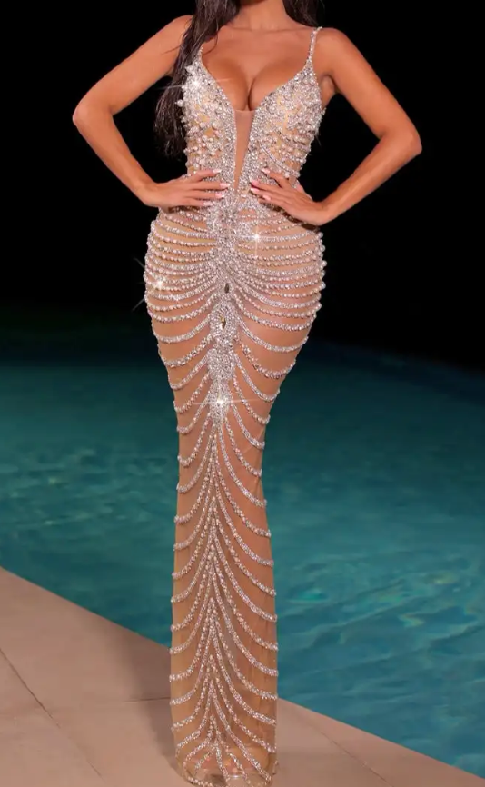 Nude Spaghetti Strap Crystal Embellished Maxi Dress