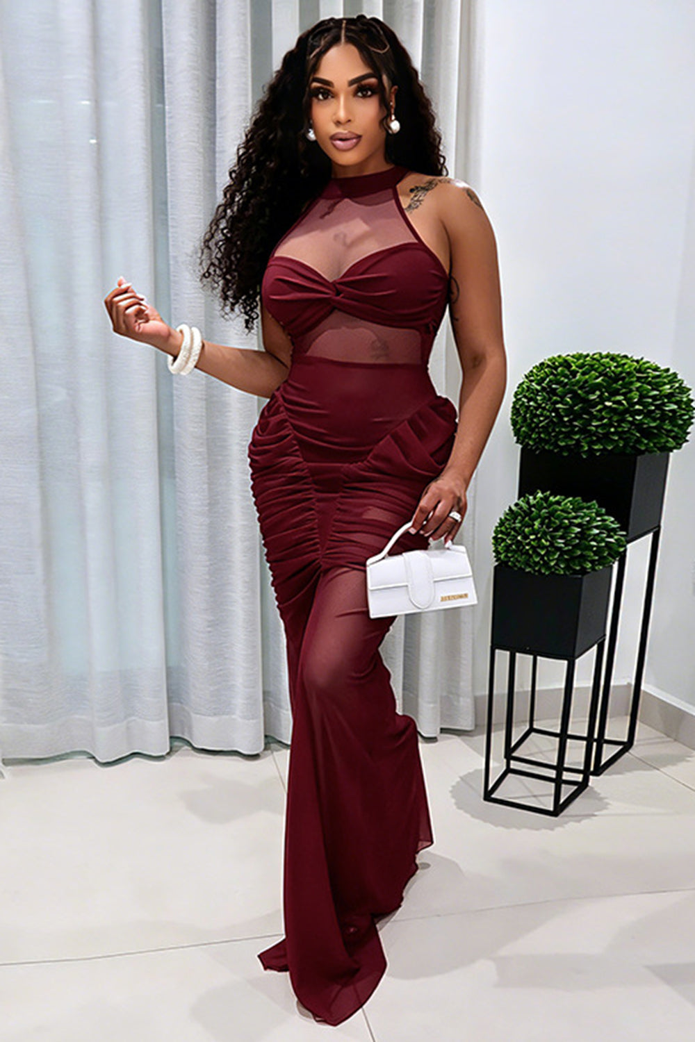See Through Mesh Sleeveless Side Ruched Solid Color Maxi Dresses-Burgundy