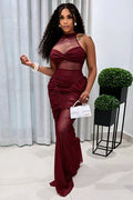 See Through Mesh Sleeveless Side Ruched Solid Color Maxi Dresses-Burgundy