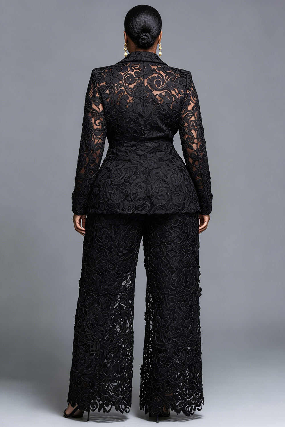 Black Lapel Collar Long Sleeve Cut Out Pocket Guipure Lace Two Piece Pant Suits