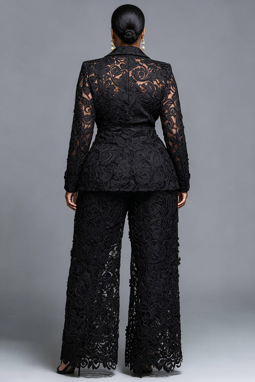 Black Lapel Collar Long Sleeve Cut Out Pocket Guipure Lace Two Piece Pant Suits
