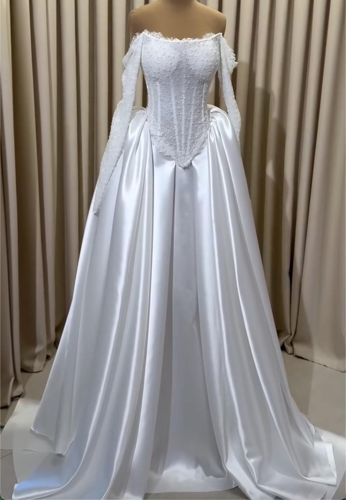 White Off-the-Shoulder Lace & Satin Ballgown Wedding Dress