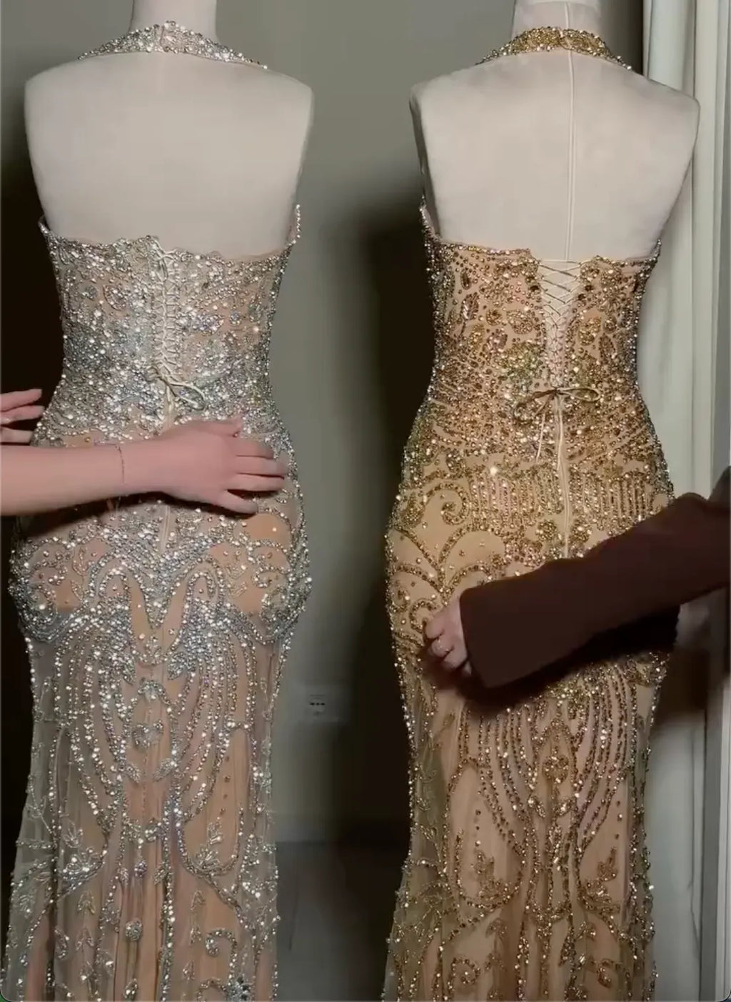 Nude Mesh Halter Neck Mermaid Evening Gown Set - Crystal Beaded Formal Dresses in 2 Colorways