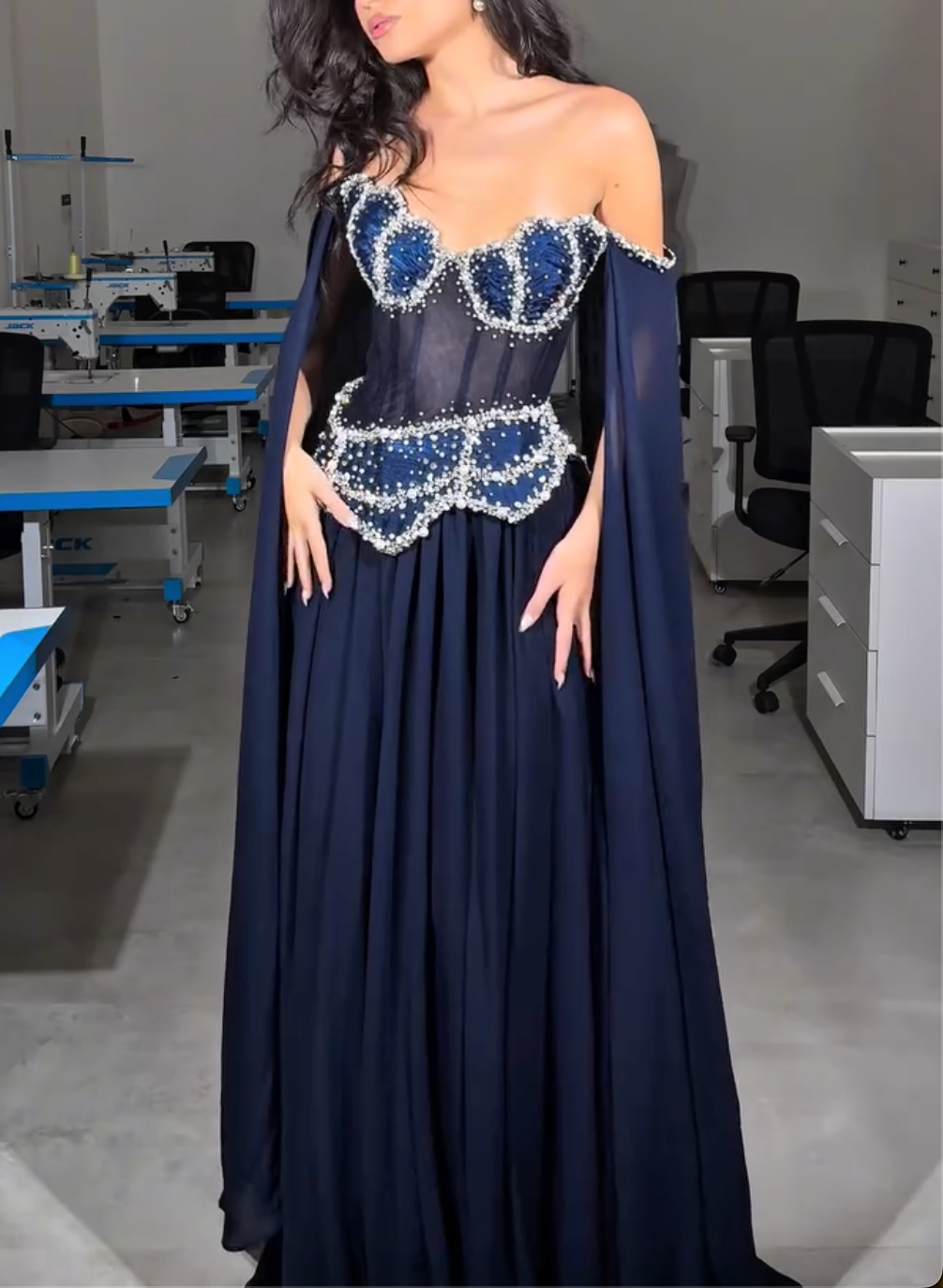 Navy Blue Off-the-Shoulder Maxi Dress with Crystal Beading & Cape Sleeves