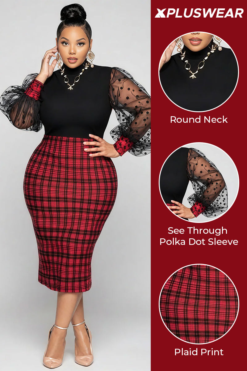 Christmas Black Plaid Round Neck Puff Sleeve Long Sleeve See Through Vintage Contrast Midi Dresses