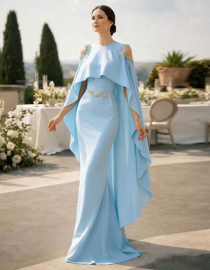 Ice Blue Draped Fabric Cape Maxi Dress