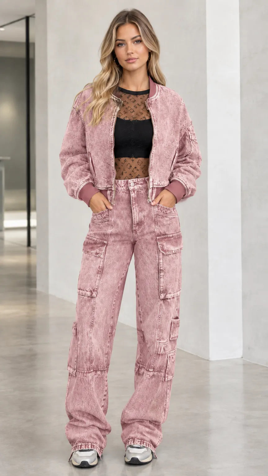Washed Denim Bomber Jacket and Wide Leg Cargo Pants Two-Piece Set