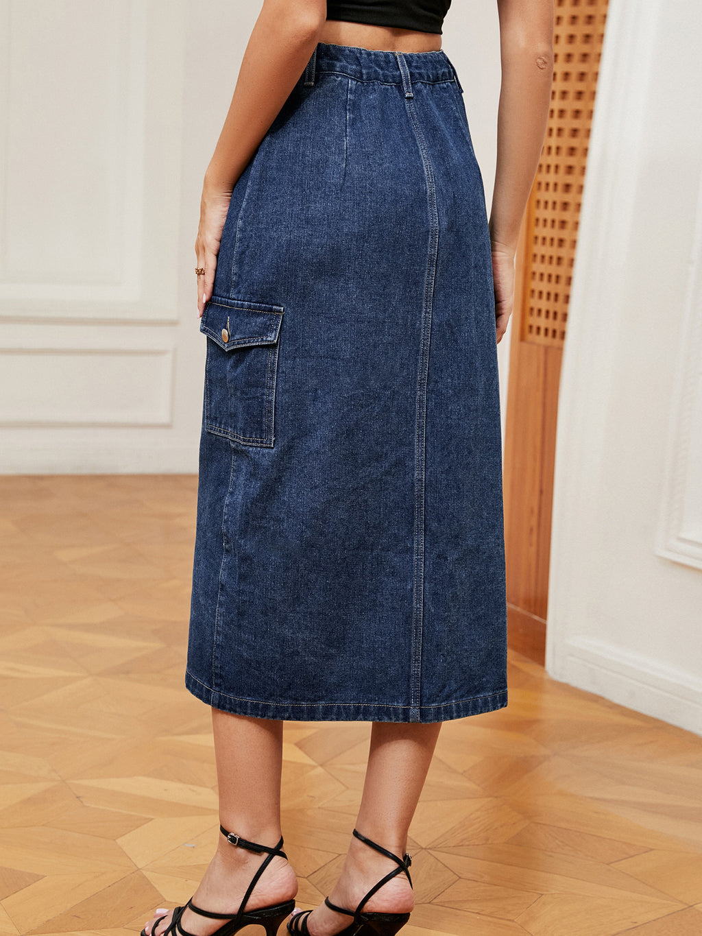 Casual Button Front Elastic Waist Utility Denim Skirt