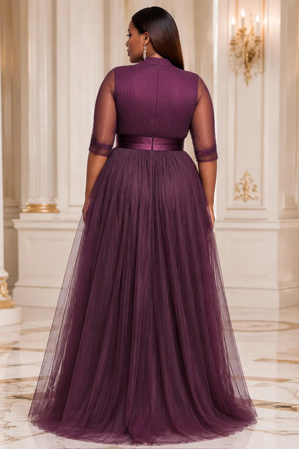 Purple V Neck Half Sleeve Asymmetric Hem Irregular Hem Fold Tulle Maxi Dresses [Pre-Order]