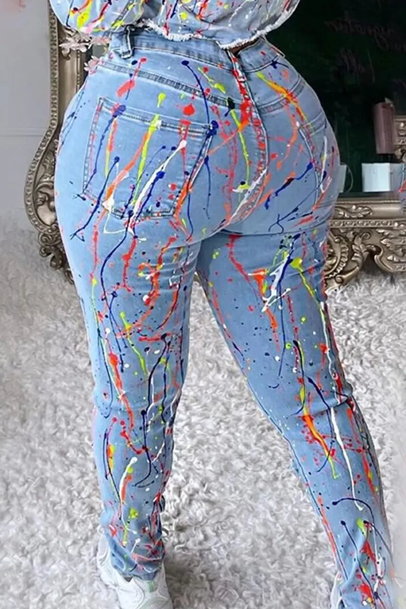 Ladies' Hot Selling Casual Printed Ripped Slim Fit Jeans