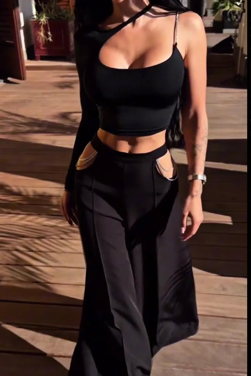 Women's Black Halter Choker Crop Tank Cutout Rhinestone Chain Wide Leg Pants