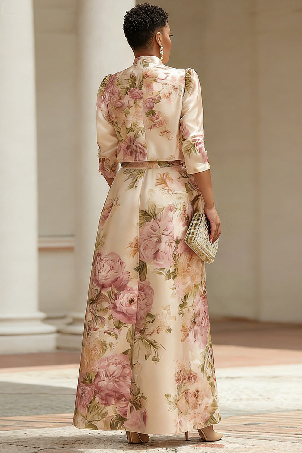 Champagne Floral 3/4 Sleeve Pocket Satin Two Piece Dress Set