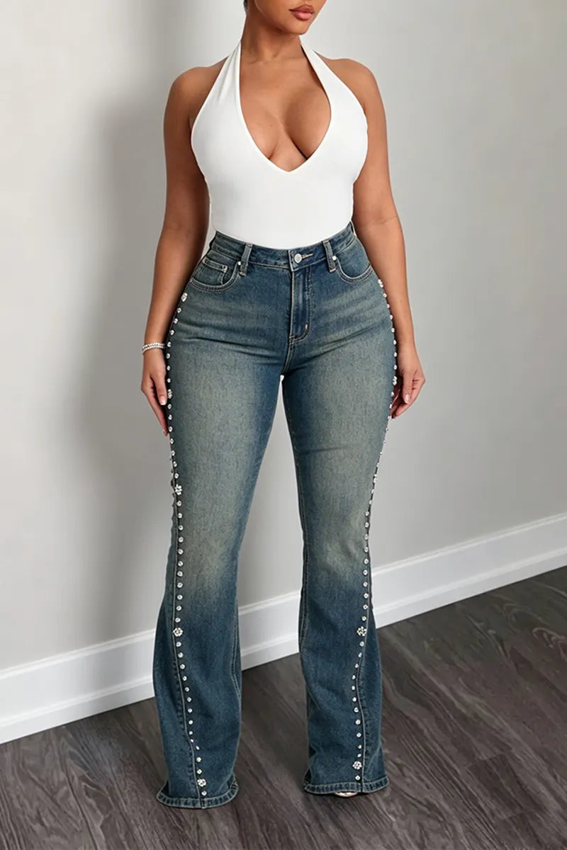 Women's Casual Versatile Rhinestone Beaded Bootcut Jeans