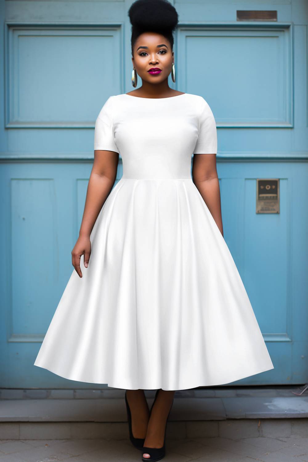 Semi  Black Round Neck Short Sleeve Midi Dresses