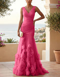 Solid Color V-neck 3D Rose Mesh Maxi Dress