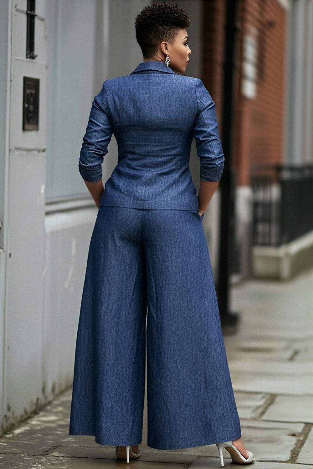 Xpluswear Design Plus Size Business Casual Elegant Blue Lapel Collar 3/4 Sleeve Pocket Wide Leg Tencel Denim Two Piece Pant Suits
