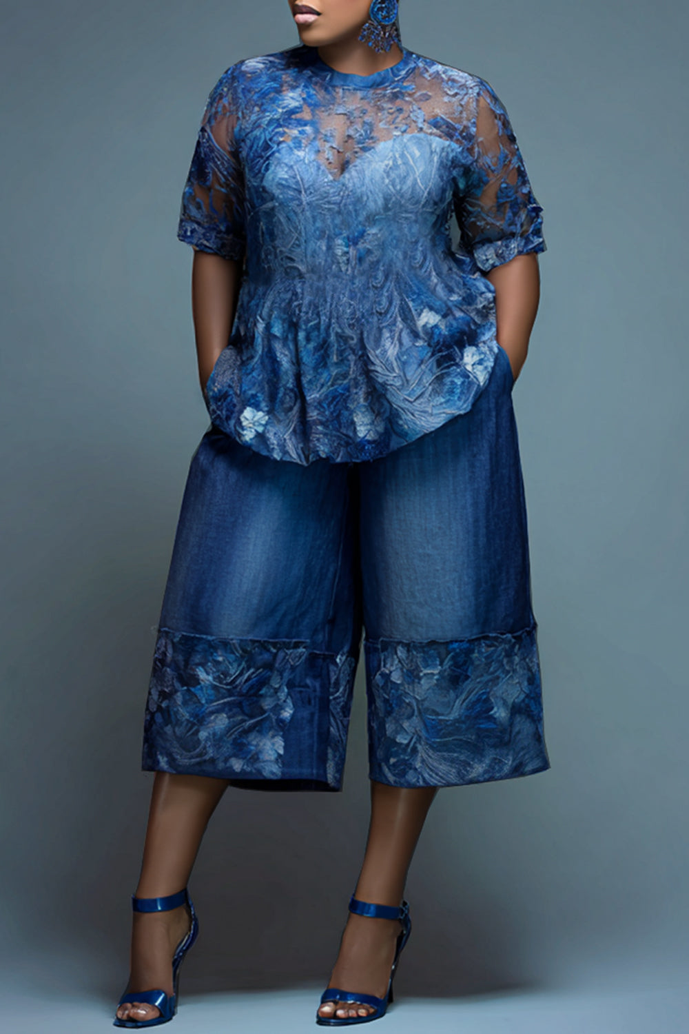 Xpluswear Design Plus Size Daily Lace Blue Round Neck Short Sleeve Contrast Pocket Tencel Denim Two Piece Short Sets