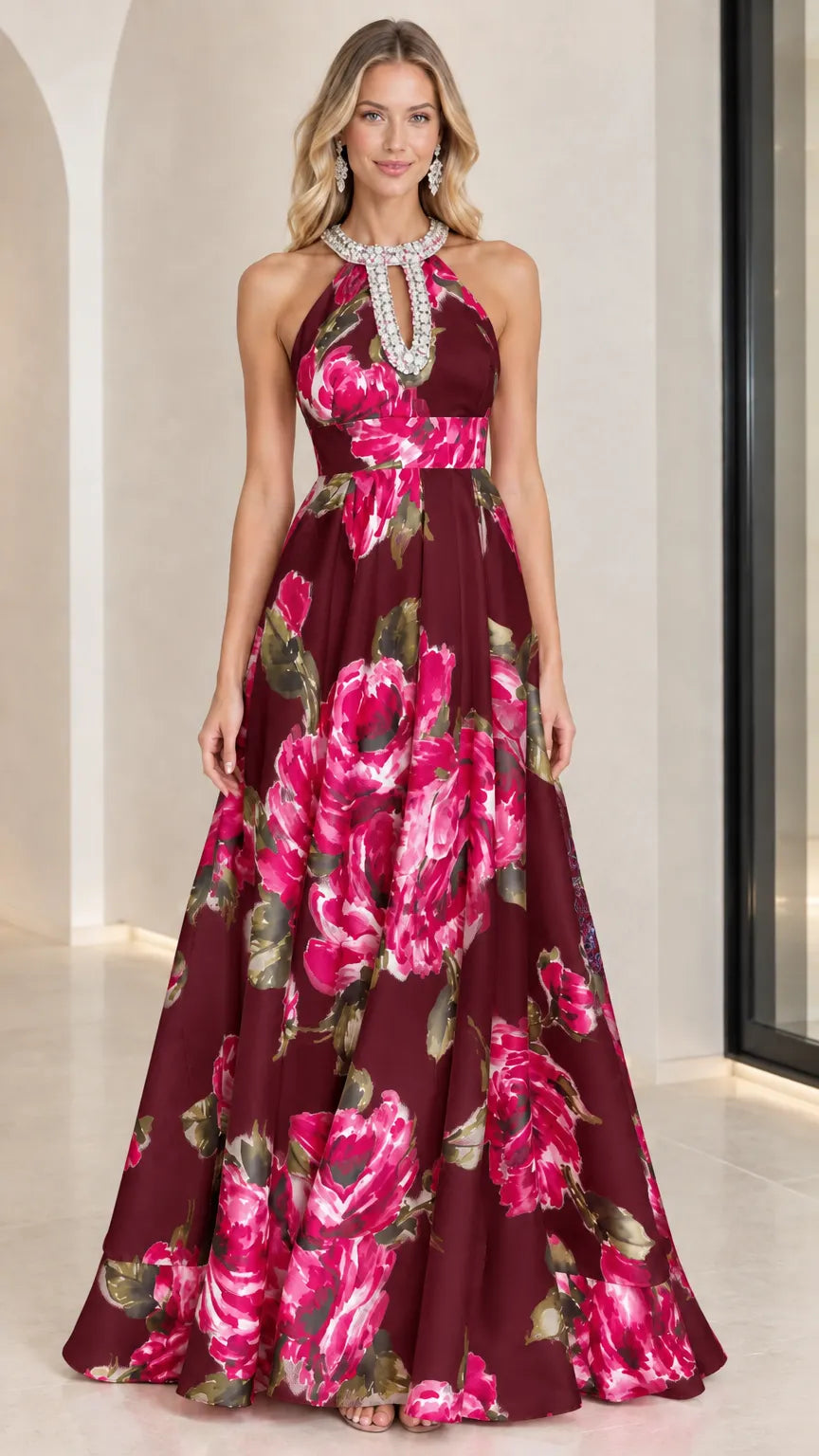 Floral Print Rhinestone Halter Neck A-Line Maxi Evening Gown