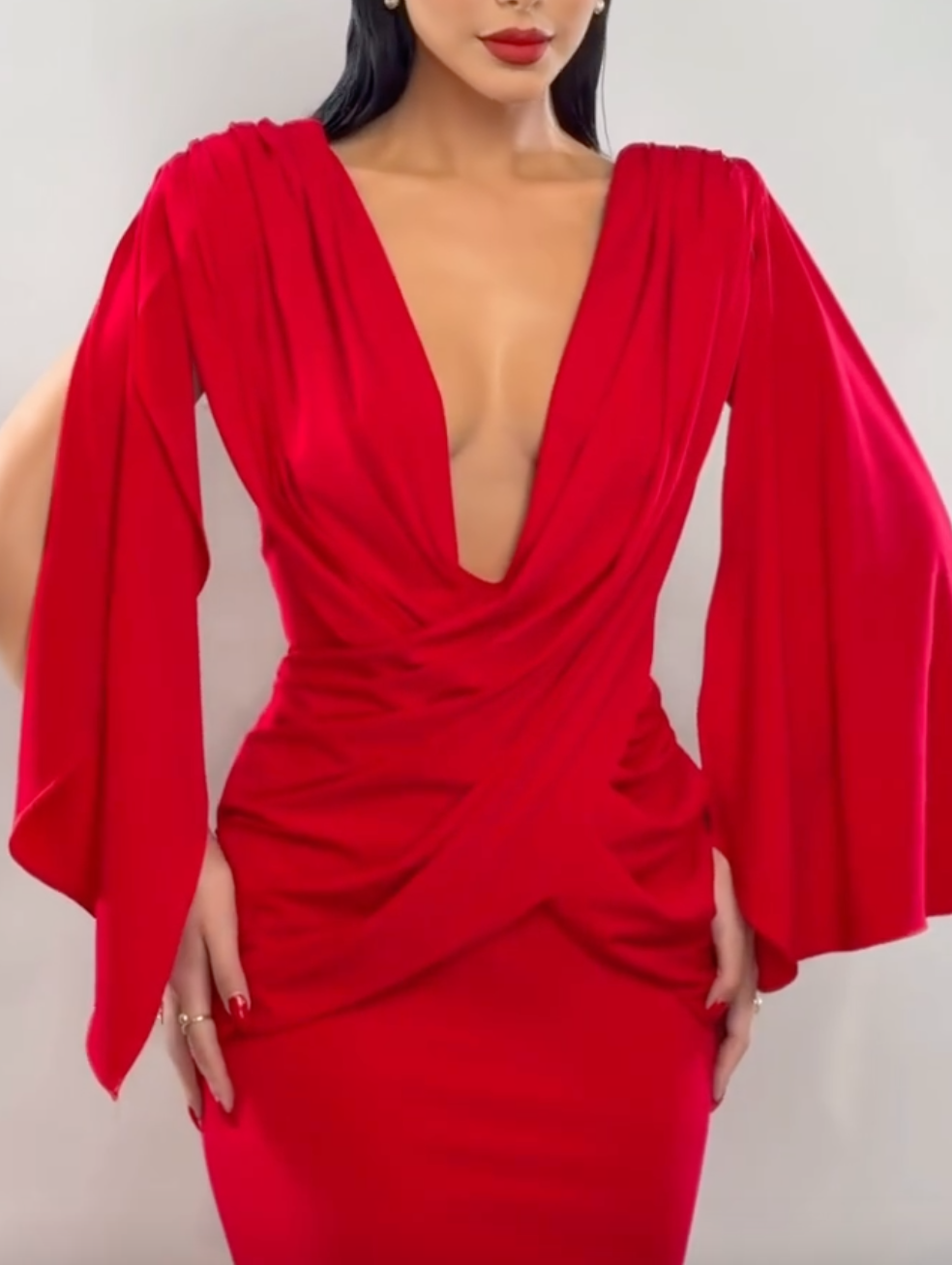 Red Draped Deep V Cape Sleeve Maxi Dress