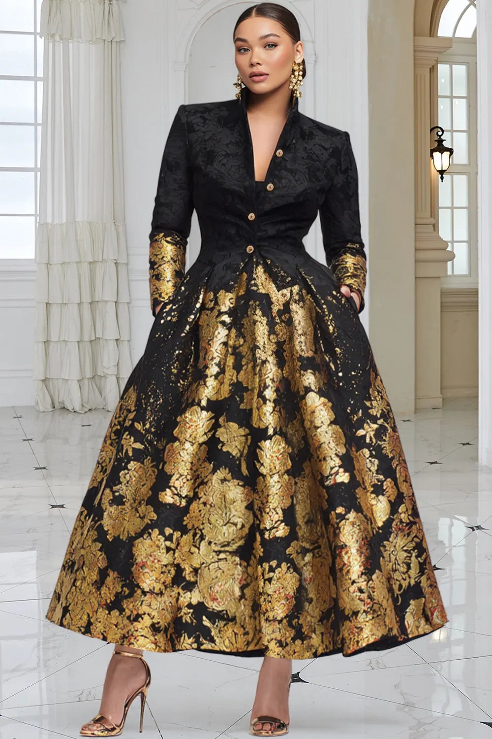Churchs Black Graphic Long Sleeve Pocket Elegant Button Satin Maxi Dresses