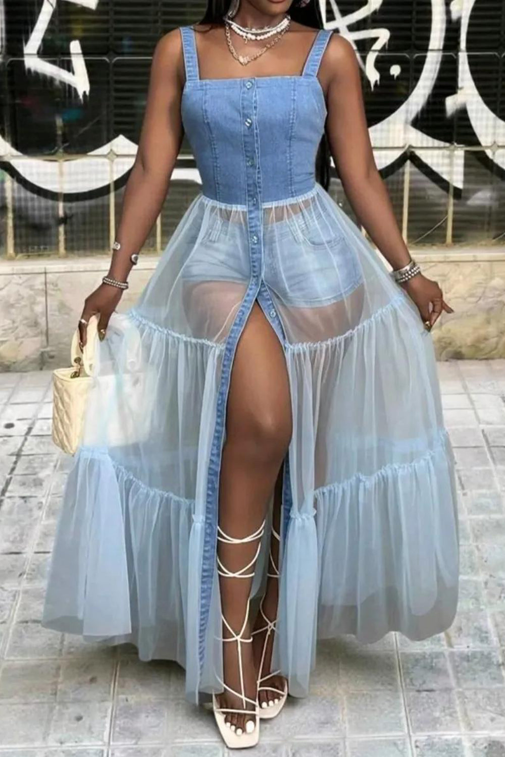 Plus Size Party Casual Blue Square Neck Contrast See Through Tencel Denim Tank Tops