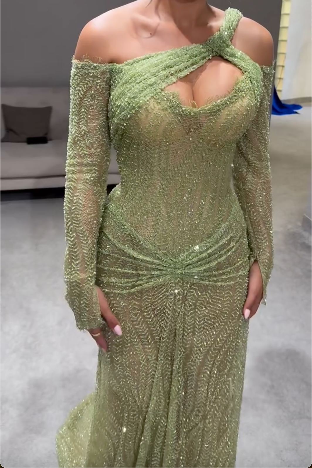 Mint Green Beaded One-Shoulder Maxi Dress with Cutout & Ruched Waist