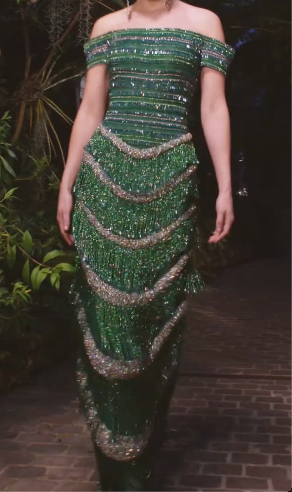 Emerald Green Off-the-Shoulder Fringe Maxi Dress with Crystal Trim