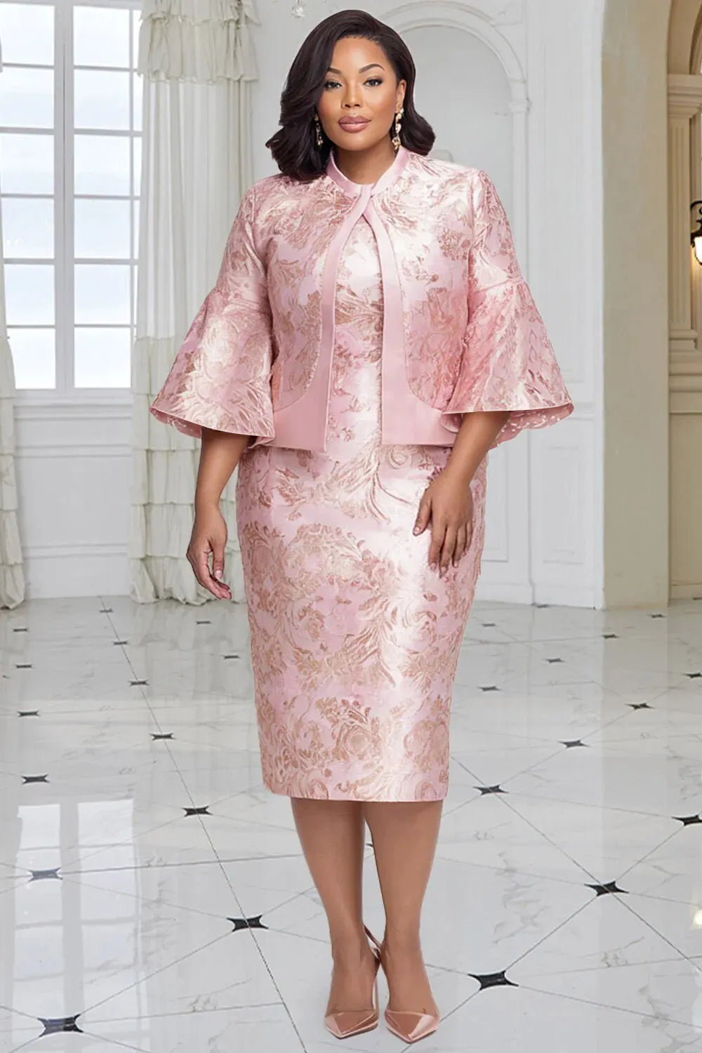 Pink Floral Flare 3/4 Sleeve Bodycon Satin Two Piece Dress Set
