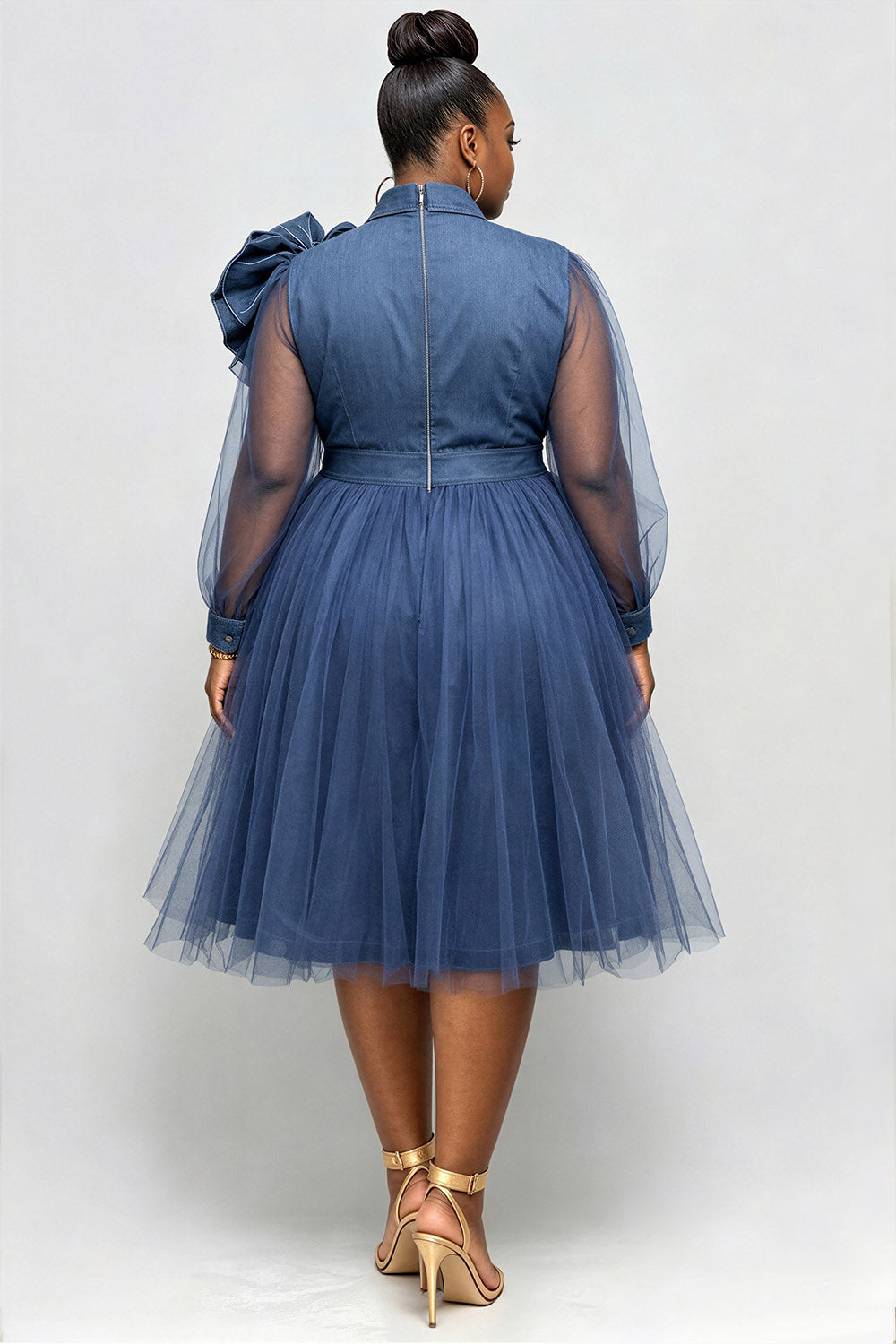 Xpluswear Design Plus Size Semi Formal Tulle Blue Shirt Collar Long Sleeve 3D Elegant See Through Denim Midi Dresses