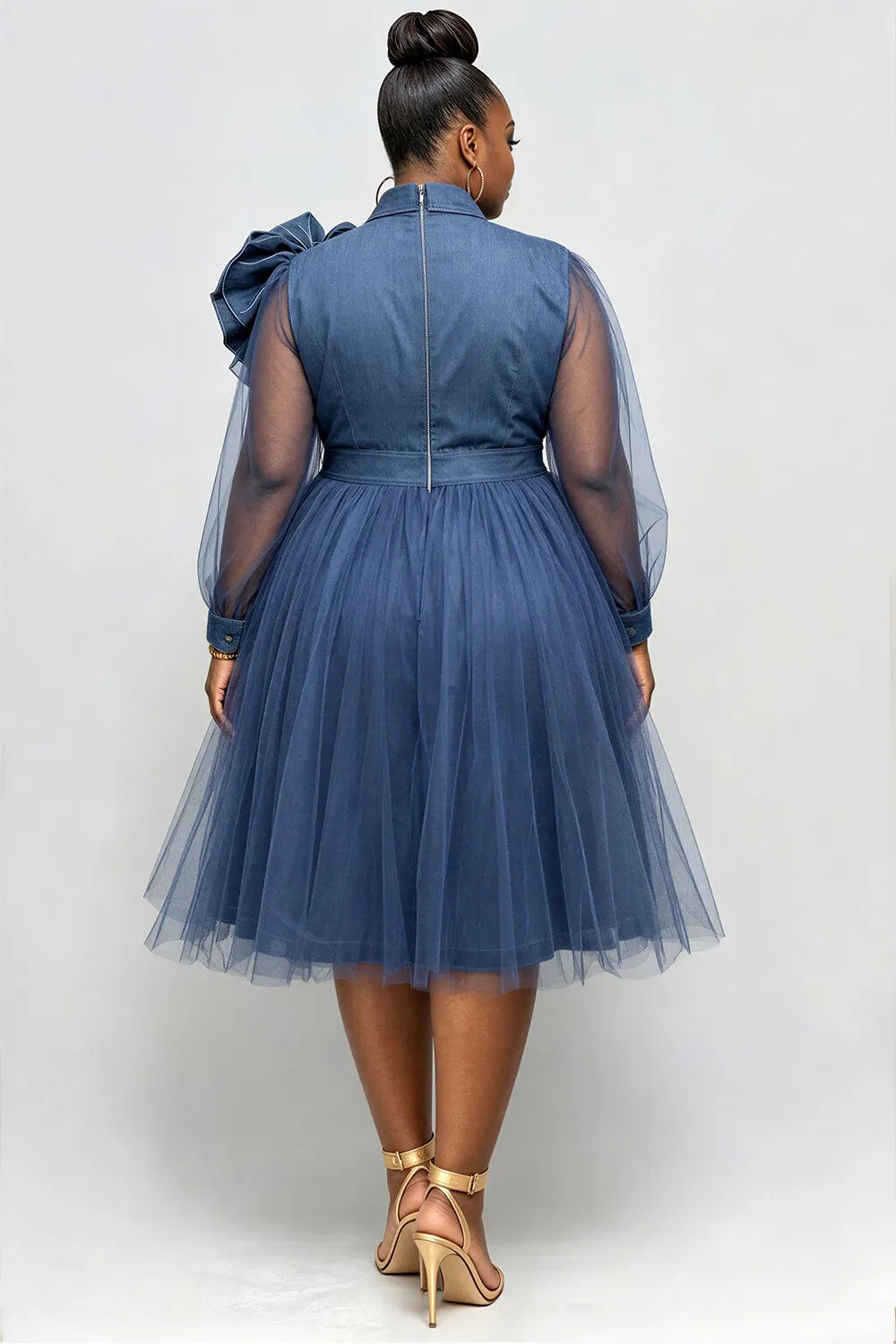 Semi  Tulle Blue Shirt Collar Long Sleeve 3D Elegant See Through Denim Midi Dresses