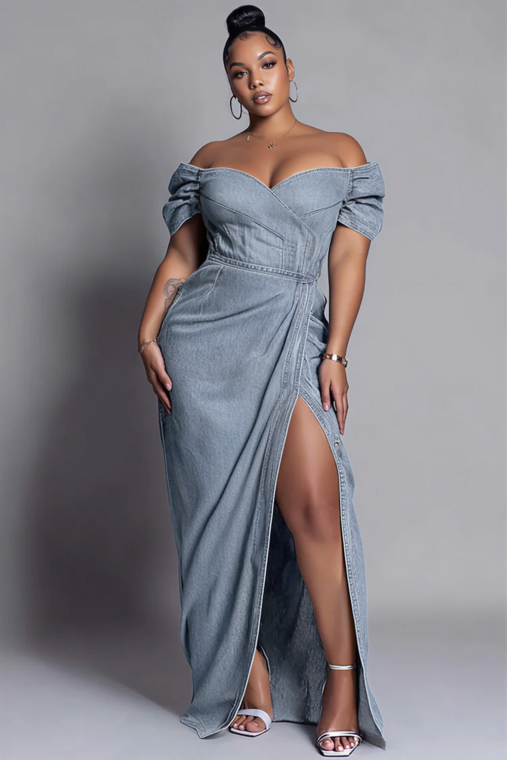 Xpluswear Design Plus Size Party Blue Off The Shoulder Split Tencel Denim Maxi Dresses