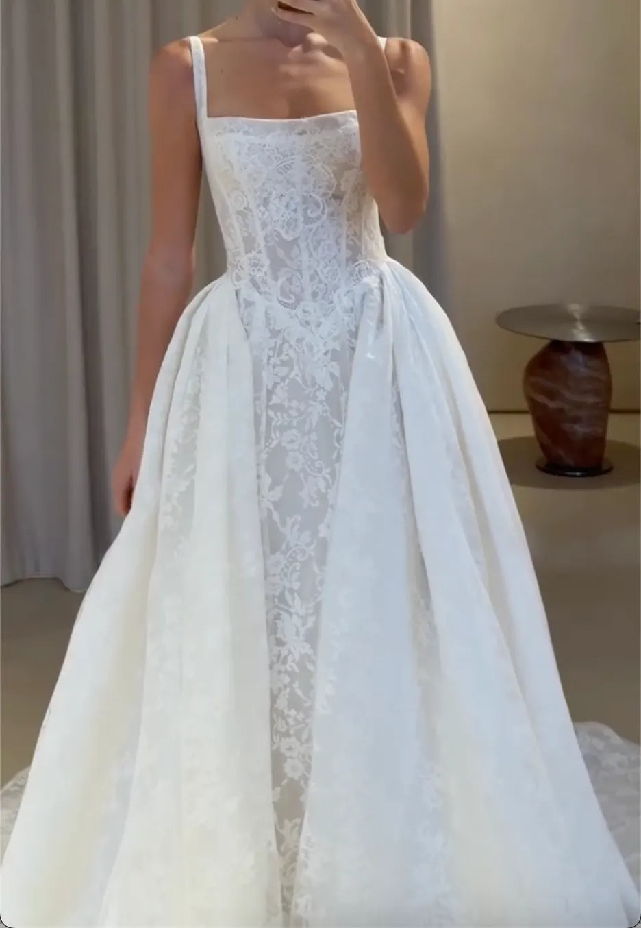 Square Neck Spaghetti Strap Lace Ballgown Wedding Dress Sheer Corset Front Slit Bridal Gown
