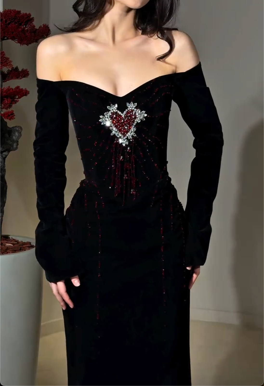Black Off-the-Shoulder Velvet Maxi Dress with Red Heart Beading