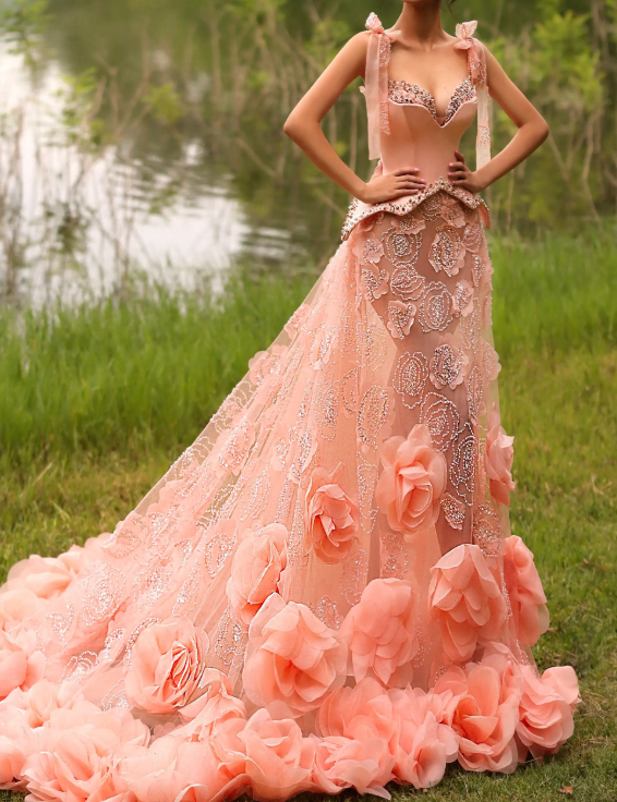 Pink Ruffle Flower Embellished Tulle Maxi Gown
