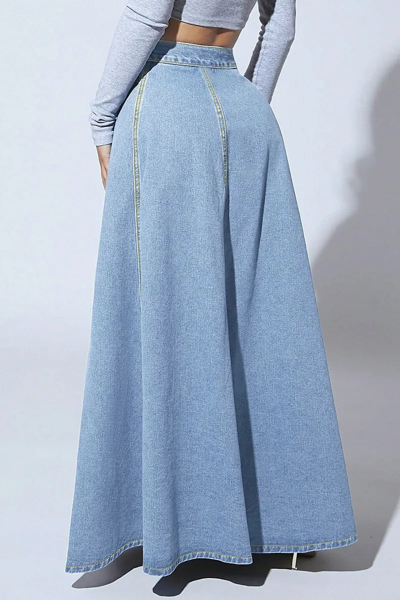 Women's Vintage Single-Breasted Full A-Line Denim Skirt