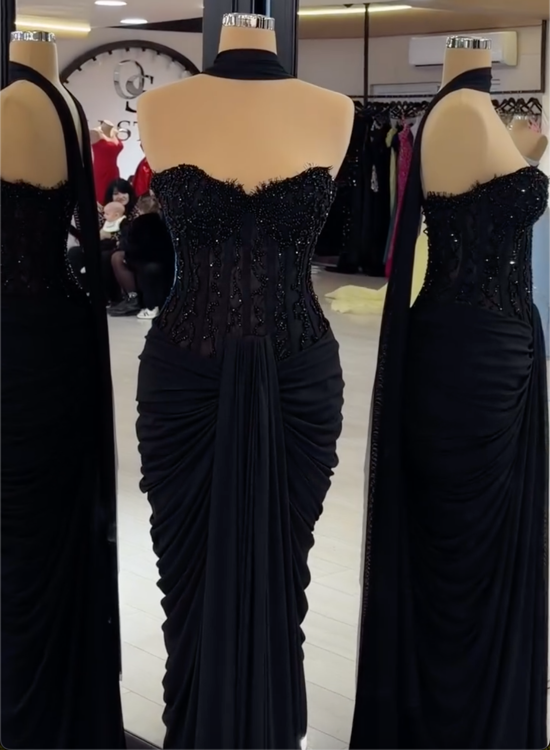 Black Strapless Corset Maxi Dress with Beaded Bodice & Draped Skirt
