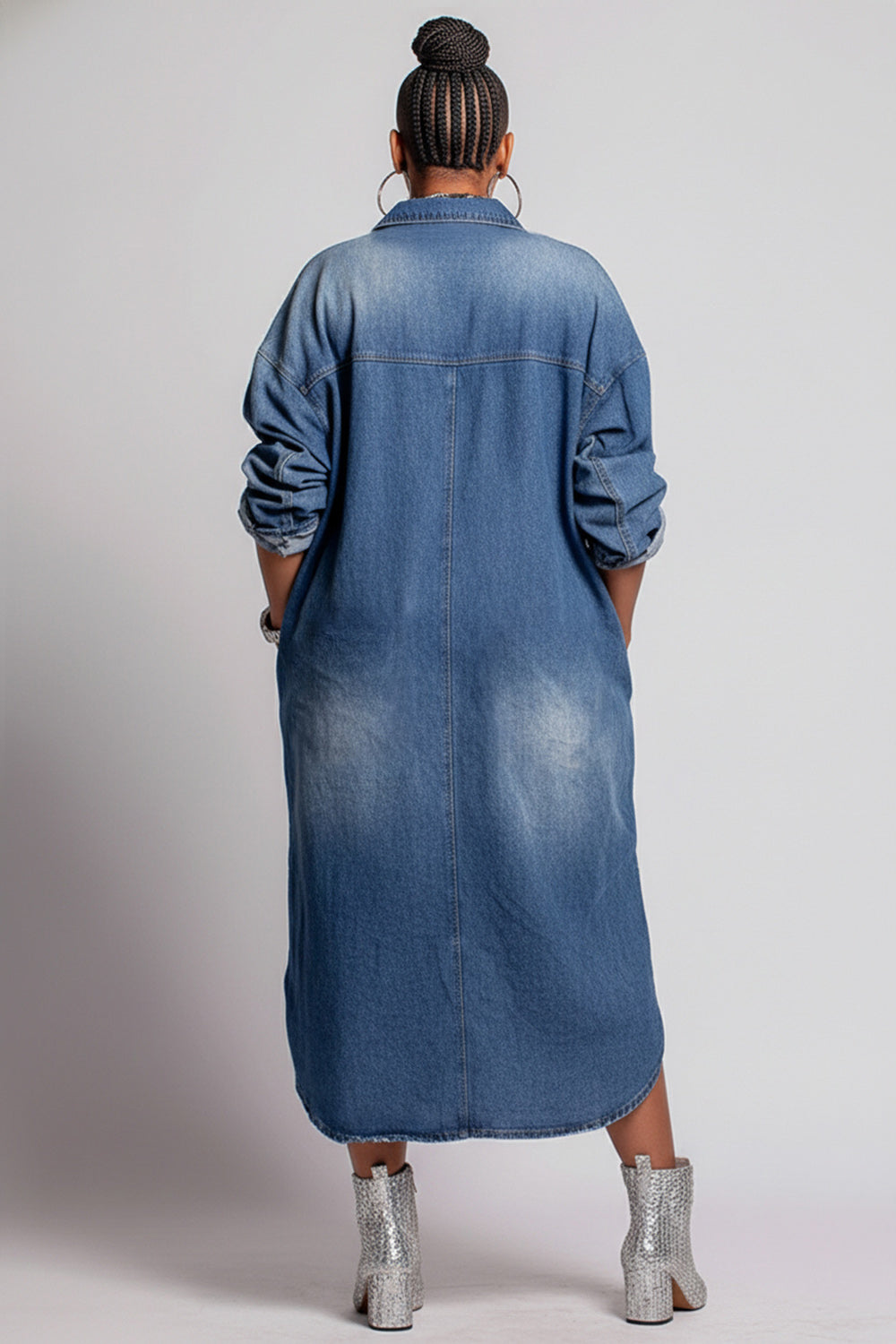 Xpluswear Design Plus Size Daily Blue Shirt Collar Long Sleeve Ripped Pocket Denim Shirt Dresses