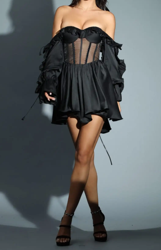 Black Off-the-Shoulder Ruffled Sheer Corset Satin Mini Dress