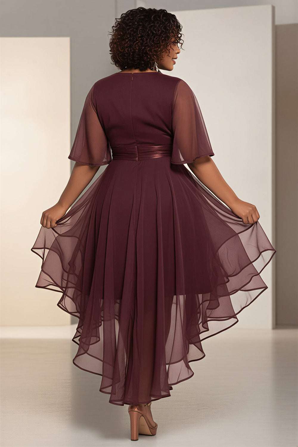 Cocktail Party Brown Wrap Neck Short Sleeve Ruffle Asymmetric Hem Tulle Midi Dresses