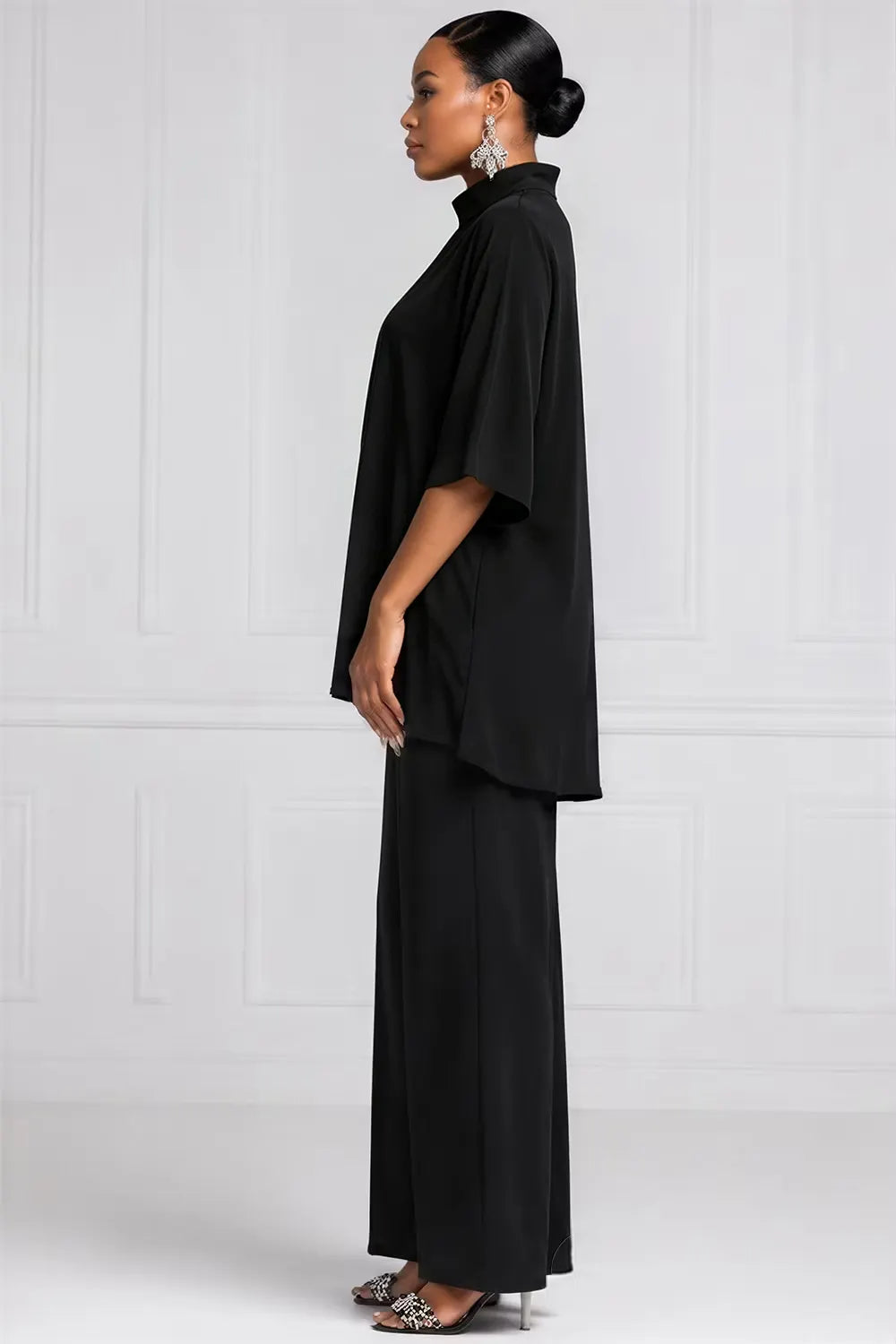 Business Casual Black Mock Neck Short Sleeve Pocket Wide Leg Two Piece Pant Sets