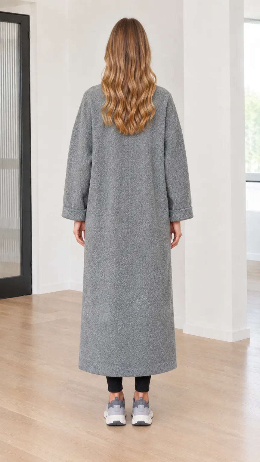 Women's Textured Bouclé Long Open Front Duster Coat with Pockets