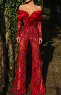 Red Rhinestone Off-Shoulder Flared Leg Jumpsuit