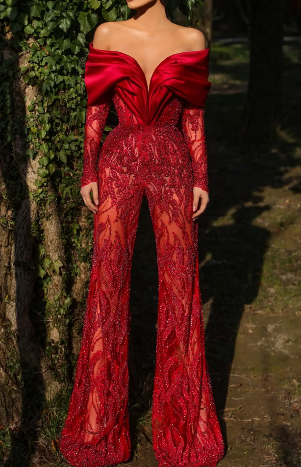 Red Rhinestone Off-Shoulder Flared Leg Jumpsuit